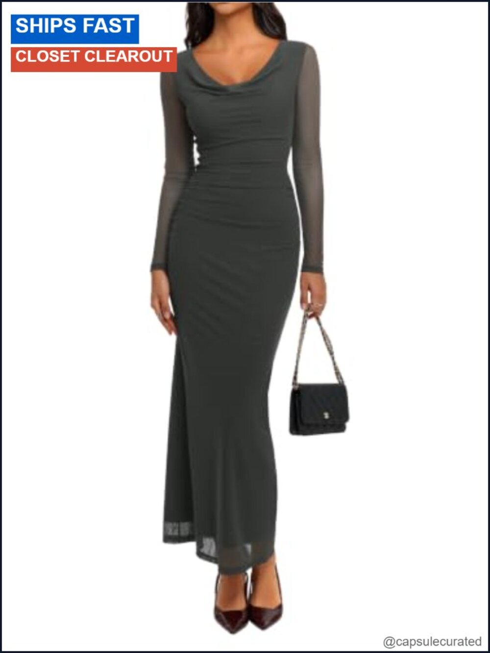 REORIA Fall Wedding Guest Maxi Dress Mesh Long Sleeve Cowl Neck Bodycon